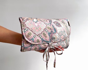 Vintage Fold-out Toiletry Bag | Indian Cotton Travel Bathroom Pouch w Travel Bottles | NEW