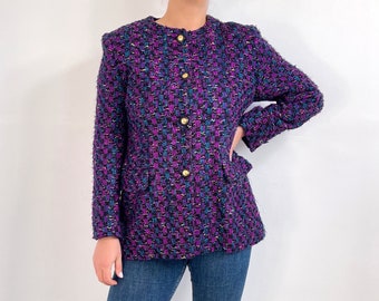 Vintage Bright Woven Check Ladies Blazer | 80’s Bright Purple & Black Jacket | Medium - Large