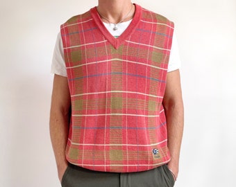 Vintage Nick Faldo Men’s Pringle Jumper Vest // Sleeveless Golfing Top in Red Knit Check // Medium - Large