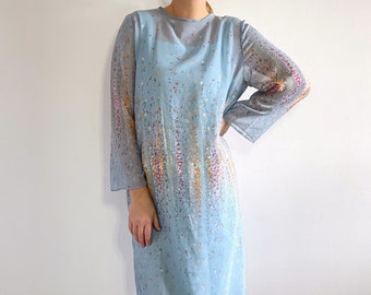 Handmade Vintage Blue Floral Dress // Pastel Blue Midi Dress // Large
