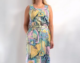Vintage Pastel Art Print Midi Sun Dress / Vestido de verano de algodón con correa sin mangas / Medio