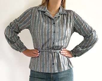 70's Vintage Striped Blue Blouse // Long Sleeve Shirt with Belt // Medium