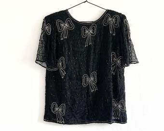Czarna bluzka z koralikami w stylu vintage, NOWA