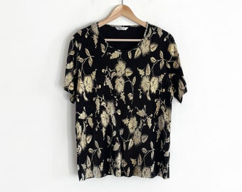 90's Pleated Metallic Top // Black & Gold Floral T-shirt Blouse // Large