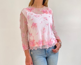 Camicetta con perline rosa pastello vintage anni '80 di Frank Usher / Top da sera in tule floreale impreziosito da paillettes / Grande