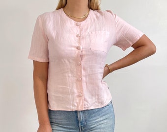 90’s Vintage Linen Blouse in Pastel Pink | St. Michael Button-up Short Sleeve Top | Medium