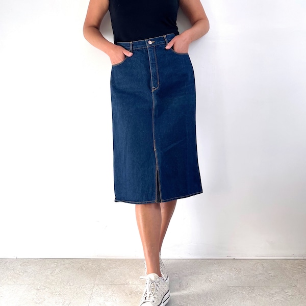 Vintage Gloria Vanderbilt Dark Denim Midi Skirt | Straight Denim Skirt | Small