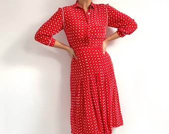 Vintage Red & Cream Polka Dot Silk Dress | Bright Midi Shirt Dress | Small - Medium