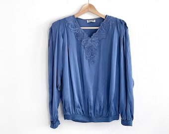 80s Blue Satin Blouse