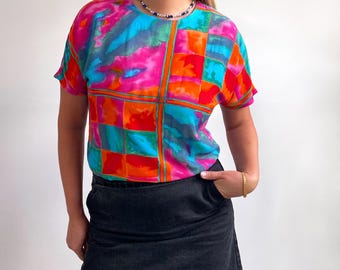 80er Jahre Vintage Bluse Bluse | Abstraktes Print T-Shirt Top | Mittel