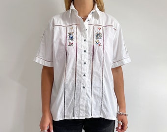 80’s Vintage Embroidered White Summer Blouse | Cottagecore Open Work Crisp White Shirt | Large