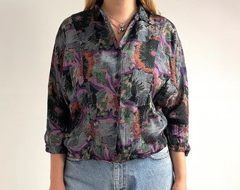 80’s Vintage Dark Floral Print Blouse // Ladies 3/4 Sleeve Shirt Shacket // Large