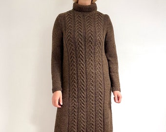 Vintage Handknit Brown Wool Jumper Dress | Textured Knit, Turtle Neck Winter Sweater Dress | Medium - Large