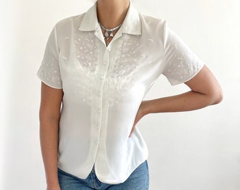 Vintage Embroidered White Blouse // Sheer St. Michael White Ladies Summer Shirt // Medium