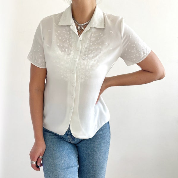 Vintage Embroidered White Blouse // Sheer St. Michael White Ladies Summer Shirt // Medium