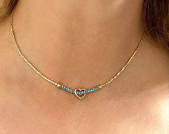 90’s Vintage Gold Heart Pendant Necklace | Skinny Gold Chain With Blue Gemstones | Brand New
