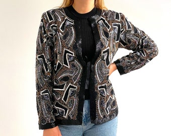 Blazer vintage frisado em preto // Jaqueta de noite embelezada com lantejoulas // Médio