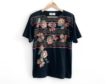 90's Vintage Embellished T-shirt // Black, Gold & Red Floral Top // Medium