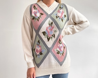 80’s Vintage Cream Knit Floral Jumper | Long Ladies Jumper w Geometric & Flowers | Medium