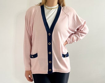 Vintage Pink & Navy Cardigan // Classic Long Cardigan w Pockets // Large