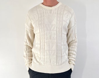 Vintage Men’s Cream Cotton Sailing Jumper | Scottish Cable Knit Natural White Sweater | Medium