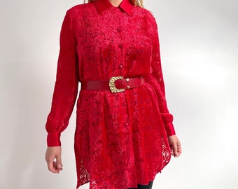 80’s Bright Red Burnout Evening Blouse // Ladies Long Sleeve Glam Shirt by Frank Usher // Medium - Large