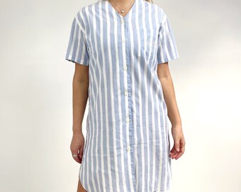 80’s White & Blue Stripe Nightie // Vintage Button Through Cotton Nightgown Shirt // Small - Medium