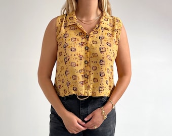 Vintage Kurzes Weste Top In Gelb | Geometrischer Druck Ärmellose Sommer Bluse | Mittelgroß