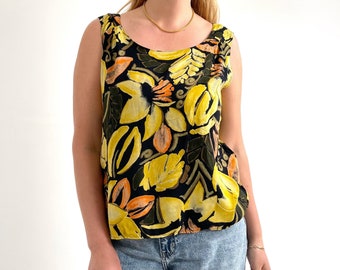 Vintage Weste Top in Gelb Geblümte / Hell bedruckte Sommerbluse / Medium - Groß