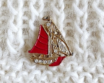 Vintage Sail Ship Brooch // Small Red & Gold Boat Pin