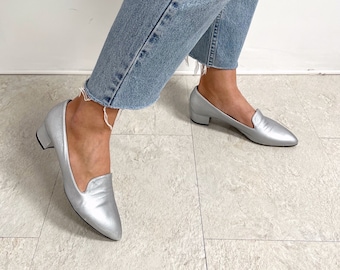 Vintage RAYNE Silber Leder Low Heel Schuhe | Bequeme Metallic-Pumps | Größe 7 UK / 40 EUR