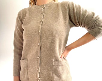 Vintage Beige Wool Cardigan // Brown Button-Up Jumper w Pockets // Medium