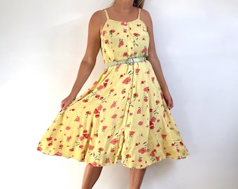 Vestido floral largo amarillo vintage de los años 90 / vestido midi arrugado de verano con tiras / grande