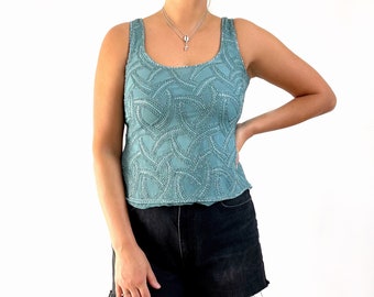 90's Frank Usher Sequin Vest Blusa en verde azulado / Embelleced Sleeveless Evening Top / Medium