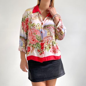 80er Jahre Vintage Goldenes Kleid Bold Schal Print Bluse | French Provence Rot Langarm Damen Hemd | Lockeres Medium