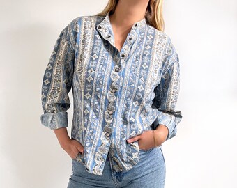 Vintage Liz Claiborne Printed Denim Shirt | Boho Stripes Jeans Blouse | Medium - Large