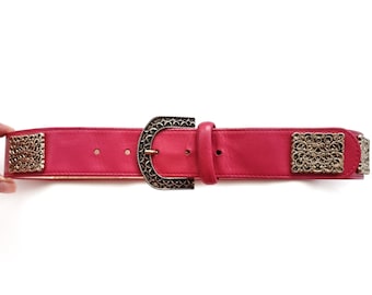 Vintage Pink Leather Belt With Textured Gold Square Stud Detail | Ladies Dress Belt w Gold Ornamented Buckle | Small - Medium