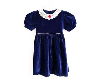 Vintage Girl's Navy Velvet Dress | 90’s Toddler Navy Summer Dress w White Lace Collar | 2-3 years