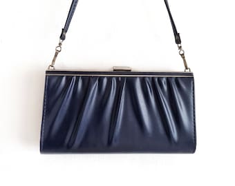 80's Vintage Navy Vegan Leather Clutch Bag | Framed Handbag W Long Strap | Made in England