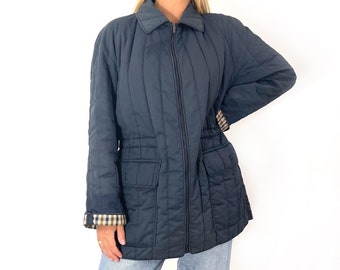 Vintage Aquascutum Ladies Navy & Check Parka Coat | Padded Country Jacket | Medium - Large