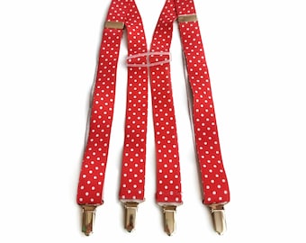 Vintage Men's Red & White Polka Dot Elastic Suspenders with Gold Clips | Trousers Braces