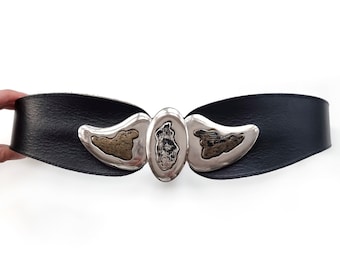 Vintage Black Leather Belt With Chunky Silver Detail | Fancy Dress Belt | Small - Medium