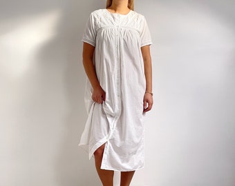 Vintage White Cotton Nightie | Button Through Lace Trim Nightgown | Summer Housecoat