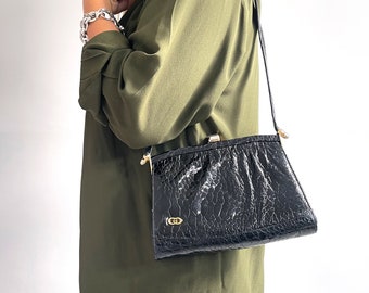 Vintage Black Leather Faux-Croc Handbag with Gold  Detail & GG Initials Logo