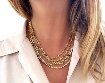 80’s Vintage Multistrand Gold Chain Necklace | Five Strand Necklace | Brand New, Layered Necklace