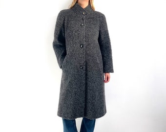 Vintage Ladies Midi Wool Coat in Dark Grey | Warm A-line Winter Peacoat | Medium - Large