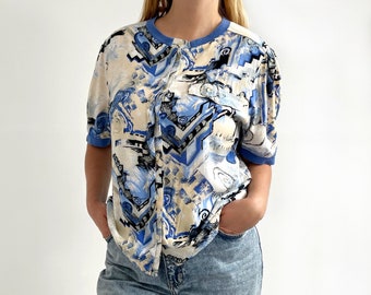 Blusa vintage con stampa astratta anni '80 // Top con stampa astratta blu e beige a maniche corte // Grande - Media