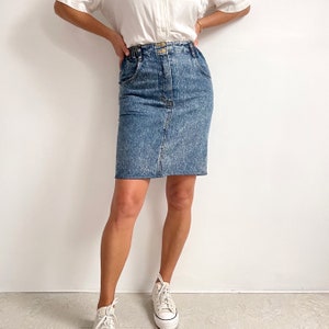 Mid length denim skirts etsy sales