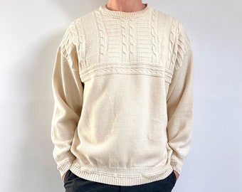 Vintage Herren Creme Wollpullover | Aran Zopfmuster Strickpullover | Mittel