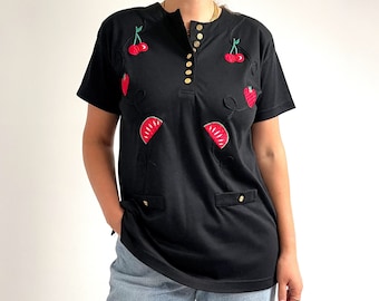 90's Vintage Fruit Appliqué T-shirt // Black & Red Cherry, Strawberry and Watermelon Top // Medium - Large